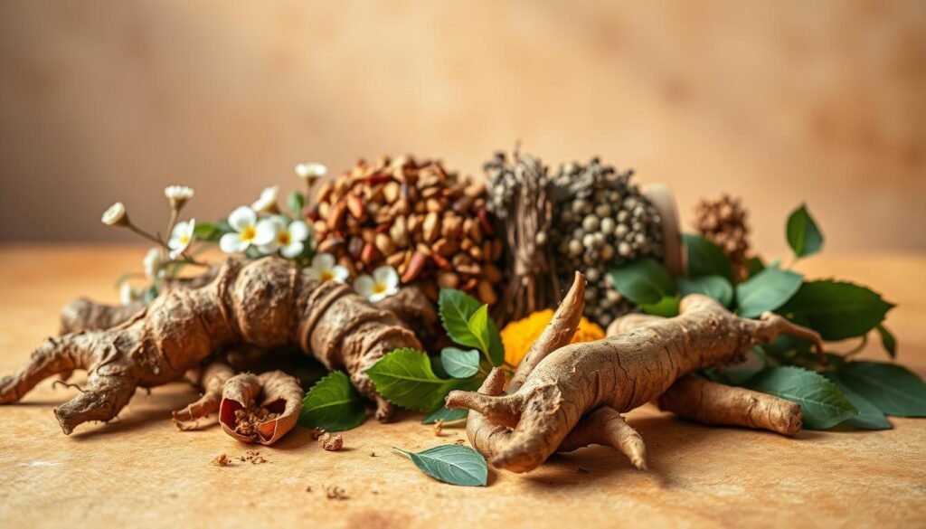 A beautifully composed still life scene depicting a variety of Ayurvedic herbs carefully arranged on a warm, earthy-toned surface. In the foreground, the vibrant roots of a selection of medicinal herbs, such as ashwagandha, shatavari, and turmeric, are prominently displayed, their unique textures and colors standing out against a backdrop of lush green leaves and delicate flowers. The middle ground features a selection of neatly bundled dried herbs, their rich hues and intricate patterns creating a visually captivating contrast. The background is softly illuminated, casting a gentle, natural light that enhances the overall mood of tranquility and balance. The composition is well-balanced, drawing the viewer's eye to the centerpiece of the roots, and conveying a sense of the care and consideration required when selecting and using Ayurvedic herbs for women's health. A beautifully composed still life scene depicting a variety of Ayurvedic herbs carefully arranged on a warm, earthy-toned surface. In the foreground, the vibrant roots of a selection of medicinal herbs, such as ashwagandha, shatavari, and turmeric, are prominently displayed, their unique textures and colors standing out against a backdrop of lush green leaves and delicate flowers. The middle ground features a selection of neatly bundled dried herbs, their rich hues and intricate patterns creating a visually captivating contrast. The background is softly illuminated, casting a gentle, natural light that enhances the overall mood of tranquility and balance. The composition is well-balanced, drawing the viewer's eye to the centerpiece of the roots, and conveying a sense of the care and consideration required when selecting and using Ayurvedic herbs for women's health.