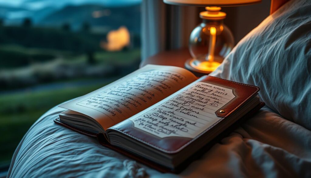 A beautifully crafted leather-bound journal rests upon a cozy bedside table, its pages filled with meticulously recorded sleep patterns, dreams, and personal reflections. Soft, warm lighting from a nearby lamp casts a gentle glow, creating a serene and introspective atmosphere. The journal's cover features an elegant design, inviting the viewer to open it and explore the intimate details of a personalized sleep diary. In the background, a lush, calming landscape with rolling hills and a distant horizon sets the scene, evoking a sense of tranquility and mindfulness. The overall composition conveys the importance of self-care, personal growth, and the transformative power of keeping a detailed sleep record. A beautifully crafted leather-bound journal rests upon a cozy bedside table, its pages filled with meticulously recorded sleep patterns, dreams, and personal reflections. Soft, warm lighting from a nearby lamp casts a gentle glow, creating a serene and introspective atmosphere. The journal's cover features an elegant design, inviting the viewer to open it and explore the intimate details of a personalized sleep diary. In the background, a lush, calming landscape with rolling hills and a distant horizon sets the scene, evoking a sense of tranquility and mindfulness. The overall composition conveys the importance of self-care, personal growth, and the transformative power of keeping a detailed sleep record.