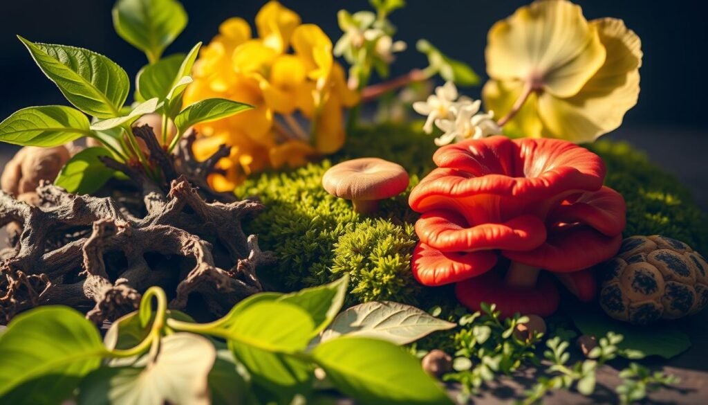 A beautifully lit and detailed still life composition featuring an arrangement of various adaptogenic herbs and mushrooms. In the foreground, a cluster of vibrant green ashwagandha leaves and gnarled roots. In the middle ground, plump red reishi mushrooms nestled among lush green moss. In the background, delicate rhodiola blossoms and ginkgo biloba leaves in soft hues of yellow and green. The lighting is warm and natural, casting gentle shadows that accentuate the textures and colors of the botanicals. The composition is balanced and harmonious, inviting the viewer to explore the diverse array of adaptogens and their unique properties. A beautifully lit and detailed still life composition featuring an arrangement of various adaptogenic herbs and mushrooms. In the foreground, a cluster of vibrant green ashwagandha leaves and gnarled roots. In the middle ground, plump red reishi mushrooms nestled among lush green moss. In the background, delicate rhodiola blossoms and ginkgo biloba leaves in soft hues of yellow and green. The lighting is warm and natural, casting gentle shadows that accentuate the textures and colors of the botanicals. The composition is balanced and harmonious, inviting the viewer to explore the diverse array of adaptogens and their unique properties.