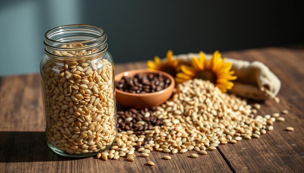 A beautifully lit still life arrangement featuring an array of seeds neatly displayed on a rustic wooden table. In the foreground, a glass jar overflows with golden flax seeds and vibrant green pumpkin seeds, symbolizing the first half of the seed cycling process. In the middle ground, a small ceramic bowl holds a mix of dark brown sunflower seeds and ivory-colored sesame seeds, representing the second stage. Soft, natural lighting filters in from the side, casting gentle shadows and highlighting the textures of the seeds. The overall mood is calming and introspective, inviting the viewer to consider the transformative power of these simple, nourishing ingredients. A beautifully lit still life arrangement featuring an array of seeds neatly displayed on a rustic wooden table. In the foreground, a glass jar overflows with golden flax seeds and vibrant green pumpkin seeds, symbolizing the first half of the seed cycling process. In the middle ground, a small ceramic bowl holds a mix of dark brown sunflower seeds and ivory-colored sesame seeds, representing the second stage. Soft, natural lighting filters in from the side, casting gentle shadows and highlighting the textures of the seeds. The overall mood is calming and introspective, inviting the viewer to consider the transformative power of these simple, nourishing ingredients.