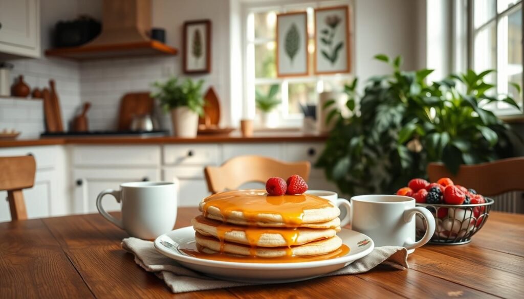 A bountiful breakfast scene set in a warm, inviting kitchen. In the foreground, a wooden table is adorned with a linen tablecloth, a plate of fluffy pancakes drizzled with golden syrup, a bowl of fresh berries, and a steaming mug of aromatic coffee. The middle ground features a vintage-inspired kitchen, with subway tile backsplash, shaker-style cabinets, and a large window that allows natural light to pour in, casting a soft, diffused glow over the scene. In the background, lush green plants and a wall display of framed botanical prints create a sense of coziness and serenity. The overall mood is one of nourishment, simplicity, and a celebration of the first meal of the day. A bountiful breakfast scene set in a warm, inviting kitchen. In the foreground, a wooden table is adorned with a linen tablecloth, a plate of fluffy pancakes drizzled with golden syrup, a bowl of fresh berries, and a steaming mug of aromatic coffee. The middle ground features a vintage-inspired kitchen, with subway tile backsplash, shaker-style cabinets, and a large window that allows natural light to pour in, casting a soft, diffused glow over the scene. In the background, lush green plants and a wall display of framed botanical prints create a sense of coziness and serenity. The overall mood is one of nourishment, simplicity, and a celebration of the first meal of the day.