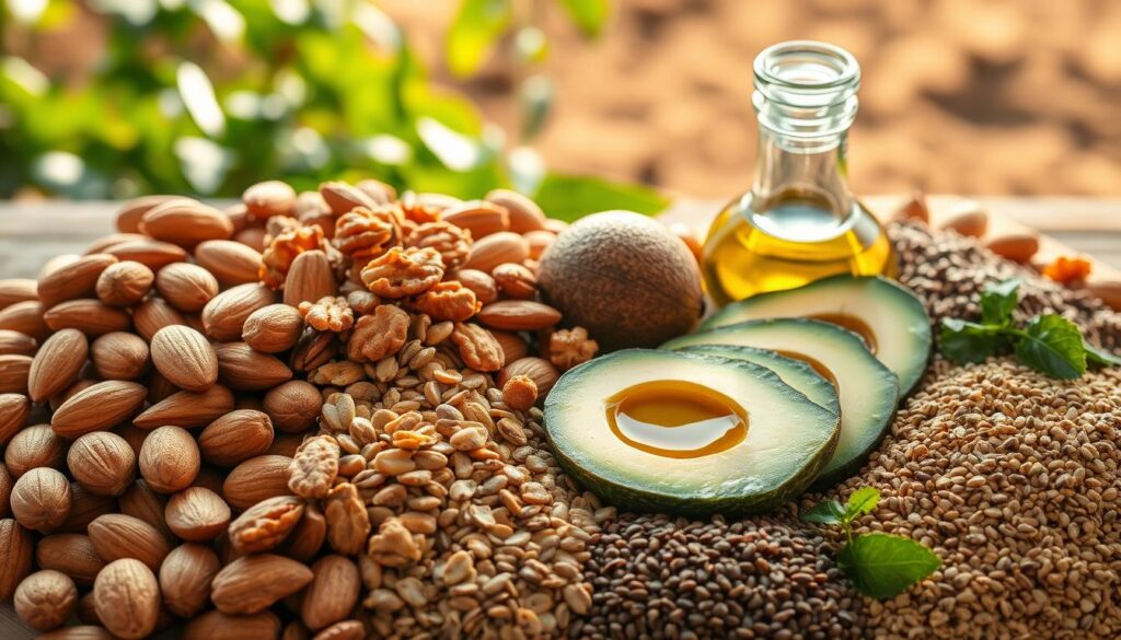A bountiful spread of nutritious fats, captured in a warm, natural light. In the foreground, a range of vibrant nuts and seeds - almonds, walnuts, chia, and flax - their textures and shapes accentuated. In the middle, slices of avocado, creamy and inviting, alongside a drizzle of premium extra virgin olive oil. The background features a lush, earthy backdrop, suggesting a serene, wholesome setting. The image conveys a sense of balance, highlighting the abundance and appeal of these essential, energy-boosting fats, all within a soft, homey atmosphere.