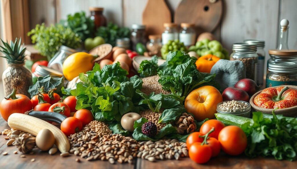 A bountiful still life of a variety of whole, unprocessed foods arranged on a rustic wooden table. In the foreground, an assortment of fresh produce including vibrant leafy greens, crisp vegetables, and ripe fruits. In the middle ground, an array of whole grains, nuts, and seeds. In the background, jars of natural supplements and remedies. Soft, natural lighting gently illuminates the scene, emphasizing the earthy tones and textures of the ingredients. The overall composition conveys a sense of nourishment, vitality, and the inherent power of whole foods to support health and well-being. A bountiful still life of a variety of whole, unprocessed foods arranged on a rustic wooden table. In the foreground, an assortment of fresh produce including vibrant leafy greens, crisp vegetables, and ripe fruits. In the middle ground, an array of whole grains, nuts, and seeds. In the background, jars of natural supplements and remedies. Soft, natural lighting gently illuminates the scene, emphasizing the earthy tones and textures of the ingredients. The overall composition conveys a sense of nourishment, vitality, and the inherent power of whole foods to support health and well-being.