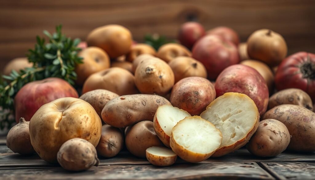 A bountiful still life of fresh, earthy potatoes resting on a rustic wooden surface, illuminated by soft, natural lighting. The foreground features a variety of potato varieties, their skins ranging from vibrant red to rich, golden brown, their shapes and sizes adding visual interest. In the middle ground, a few potatoes are sliced, revealing their starchy, creamy interiors, hinting at the versatility of this humble root vegetable. The background is blurred, creating a sense of depth and focus on the potatoes, which appear plump, nourishing, and ready to be transformed into a comforting, satisfying meal. The overall mood is one of simplicity, abundance, and the celebration of nature's wholesome bounty. A bountiful still life of fresh, earthy potatoes resting on a rustic wooden surface, illuminated by soft, natural lighting. The foreground features a variety of potato varieties, their skins ranging from vibrant red to rich, golden brown, their shapes and sizes adding visual interest. In the middle ground, a few potatoes are sliced, revealing their starchy, creamy interiors, hinting at the versatility of this humble root vegetable. The background is blurred, creating a sense of depth and focus on the potatoes, which appear plump, nourishing, and ready to be transformed into a comforting, satisfying meal. The overall mood is one of simplicity, abundance, and the celebration of nature's wholesome bounty.