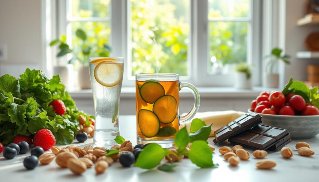 A bright, airy kitchen filled with natural light. In the foreground, an array of wholesome, period-supporting foods: leafy greens, berries, nuts, and dark chocolate. Centered, a glass of water with slices of lemon and cucumber, symbolizing hydration. In the middle ground, a warm mug of herbal tea, steam curling upwards. The background features a window overlooking a lush, verdant garden, evoking a sense of tranquility and connection to nature. The overall mood is calming, nurturing, and empowering, guiding the viewer towards simple, holistic self-care during their menstrual cycle. A bright, airy kitchen filled with natural light. In the foreground, an array of wholesome, period-supporting foods: leafy greens, berries, nuts, and dark chocolate. Centered, a glass of water with slices of lemon and cucumber, symbolizing hydration. In the middle ground, a warm mug of herbal tea, steam curling upwards. The background features a window overlooking a lush, verdant garden, evoking a sense of tranquility and connection to nature. The overall mood is calming, nurturing, and empowering, guiding the viewer towards simple, holistic self-care during their menstrual cycle.