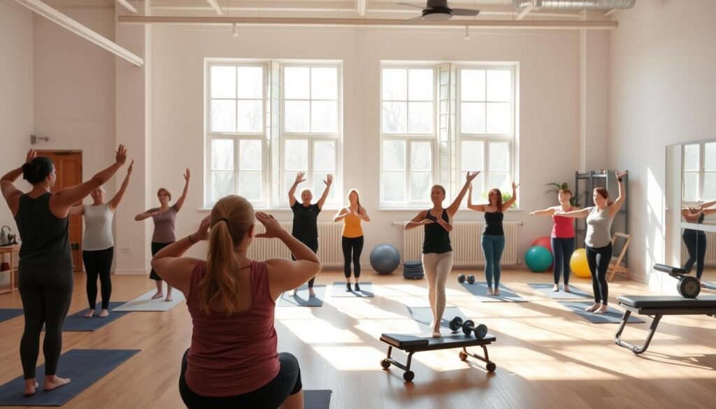 A bright, airy studio space with natural light streaming in through large windows. In the foreground, a diverse group of people engaged in a variety of low-impact exercises - gentle yoga poses, resistance band workouts, and modified versions of classic strength training moves. The atmosphere is calming and inclusive, with an emphasis on proper form and individual modifications. In the middle ground, exercise equipment and props are strategically placed to promote accessibility, such as adjustable benches, stability balls, and lightweight dumbbells. The background features soothing, earthy tones and simple, uncluttered decor, creating a sense of tranquility and focus. The overall scene conveys a harmonious blend of mindfulness, safety, and adaptability within a fitness setting.