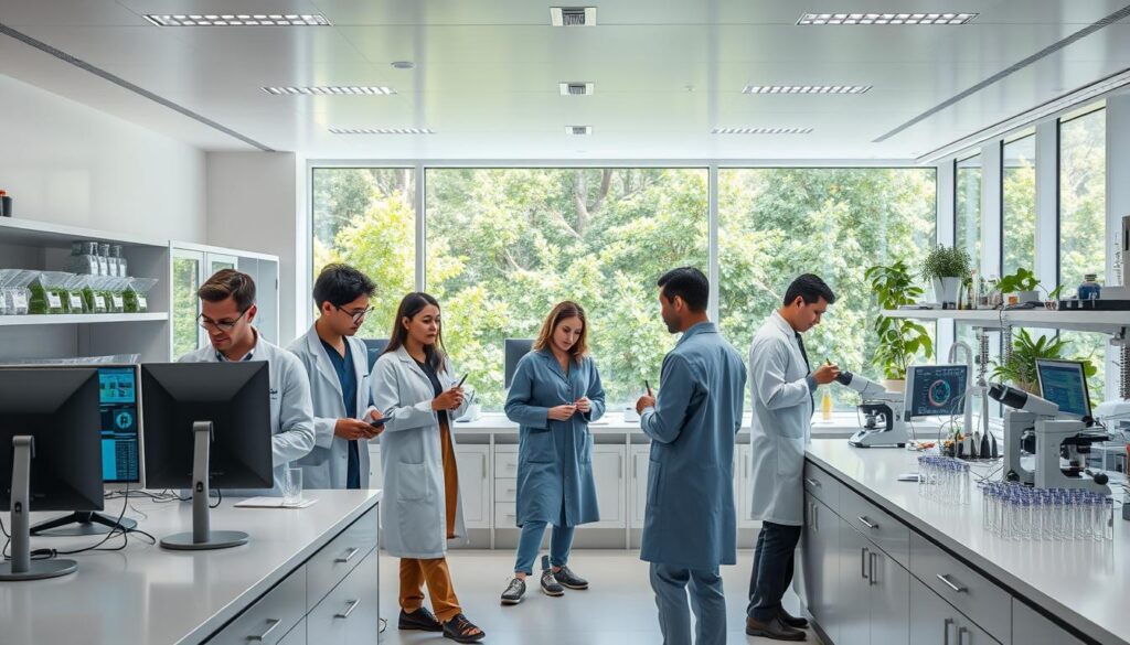 A bright, modern research laboratory with sleek, minimalist decor. In the foreground, a group of diverse researchers in lab coats and scrubs are intently studying data on computer screens and scribbling notes. The middle ground features various scientific instruments, test tubes, and microscopes arranged neatly on spotless countertops. In the background, floor-to-ceiling windows offer a panoramic view of a lush, verdant garden, creating a serene, contemplative atmosphere. The lighting is clean and natural, accentuating the clinical yet warm ambiance. The overall scene conveys a sense of focused, collaborative scientific inquiry. A bright, modern research laboratory with sleek, minimalist decor. In the foreground, a group of diverse researchers in lab coats and scrubs are intently studying data on computer screens and scribbling notes. The middle ground features various scientific instruments, test tubes, and microscopes arranged neatly on spotless countertops. In the background, floor-to-ceiling windows offer a panoramic view of a lush, verdant garden, creating a serene, contemplative atmosphere. The lighting is clean and natural, accentuating the clinical yet warm ambiance. The overall scene conveys a sense of focused, collaborative scientific inquiry.