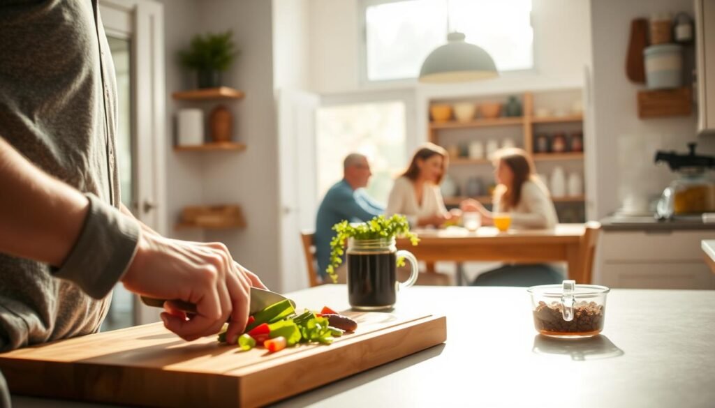 A bright, sun-drenched kitchen filled with the aroma of freshly brewed coffee. In the foreground, a person carefully chops vegetables on a wooden cutting board, their hands moving with practiced precision. In the middle ground, a family gathers around the kitchen table, engaged in lively conversation over a simple but nourishing breakfast. The background showcases a well-organized pantry, with jars and containers neatly arranged, reflecting a sense of order and efficiency. Soft, diffused lighting illuminates the scene, creating a warm and inviting atmosphere. The image captures the essence of everyday tasks that contribute to a healthy, balanced lifestyle.