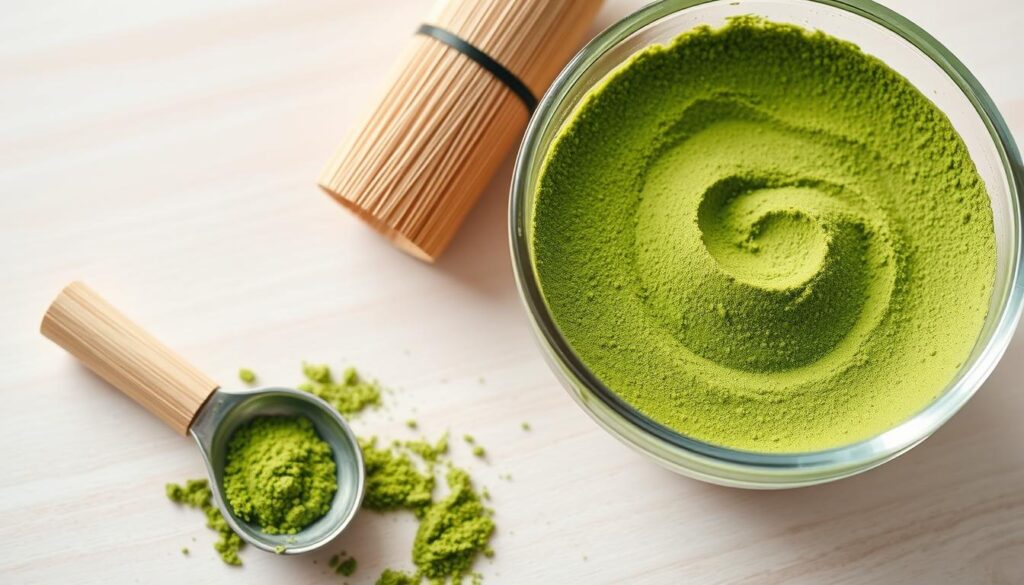 A brightly lit, close-up shot of a glass matcha tea bowl filled with finely ground, vibrant green matcha powder. The bowl is placed on a clean, light-colored wooden surface, with a bamboo whisk and a small metal scoop arranged neatly beside it. The lighting is soft and diffused, highlighting the smooth, uniform texture of the matcha powder. The overall scene conveys a sense of purity, quality, and attention to detail, reflecting the safety and high standards associated with premium matcha tea.