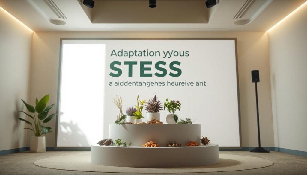 A brightly lit quiz scene with a central podium displaying a variety of adaptogenic herbs arranged in a stylized, scientific manner. The background features a modern, minimalist design with a soothing, earthy color palette, evoking a sense of calm and wellness. The lighting is soft and diffused, creating an inviting atmosphere. The camera angle is slightly elevated, giving the viewer a sense of authority and focus on the central elements. The overall composition is balanced, with the herbs and podium taking up the majority of the frame, subtly hinting at the "match your stress type to an adaptogenic herb" concept. A brightly lit quiz scene with a central podium displaying a variety of adaptogenic herbs arranged in a stylized, scientific manner. The background features a modern, minimalist design with a soothing, earthy color palette, evoking a sense of calm and wellness. The lighting is soft and diffused, creating an inviting atmosphere. The camera angle is slightly elevated, giving the viewer a sense of authority and focus on the central elements. The overall composition is balanced, with the herbs and podium taking up the majority of the frame, subtly hinting at the "match your stress type to an adaptogenic herb" concept.
