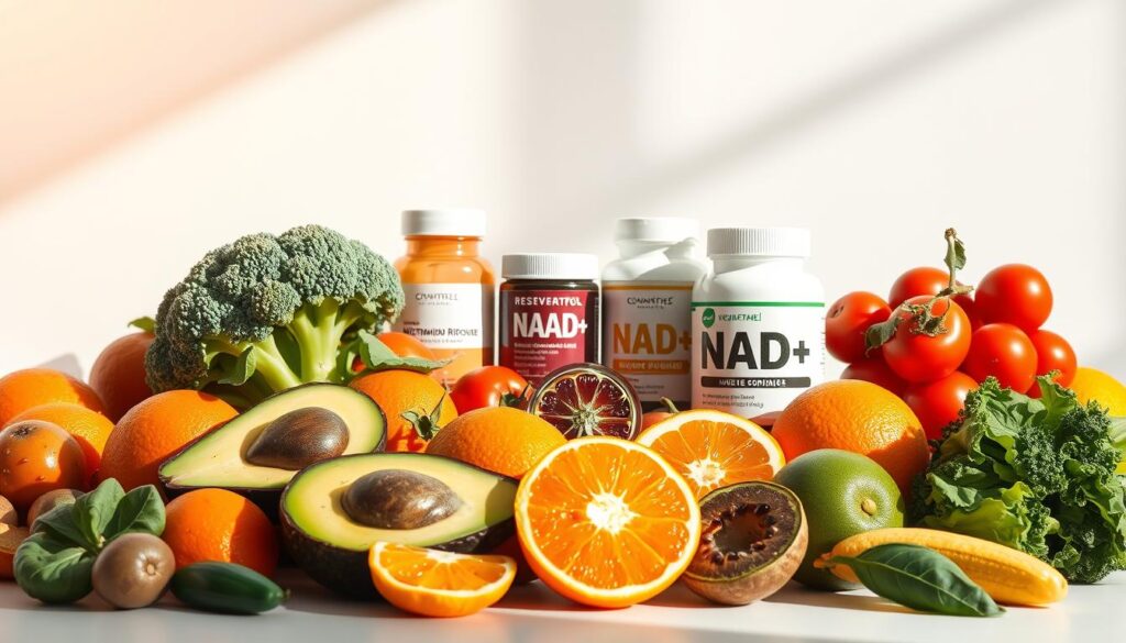 A brightly lit, vibrant still life composition depicting various ingredients and supplements that support healthy NAD+ levels. In the foreground, an array of colorful fruits and vegetables - oranges, avocados, broccoli, and leafy greens - symbolizing the importance of a nutrient-dense diet. In the middle ground, a collection of NAD+ precursor supplements such as nicotinamide riboside, nicotinamide mononucleotide, and resveratrol, arranged neatly against a clean, minimalist background. Soft, directional lighting casts warm shadows, highlighting the natural textures and colors of the scene. The overall mood is one of wellness, longevity, and the tangible ways to support cellular health and vitality.