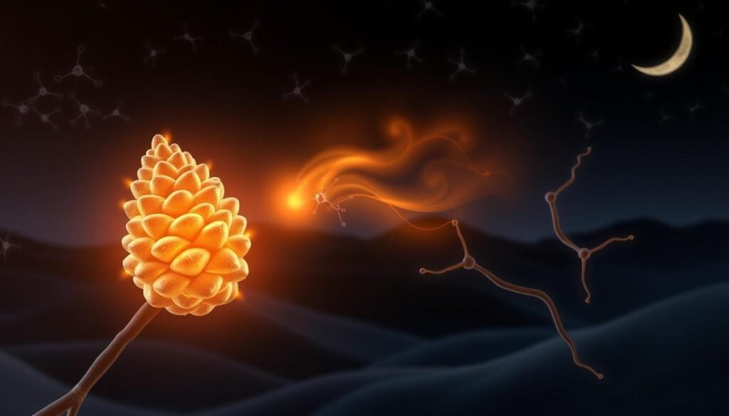A captivating illustration of melatonin's sleep signaling mechanisms. In the foreground, a glowing pinecone-shaped melatonin molecule emits warm waves of energy, representing its role as the body's natural sleep regulator. In the middle ground, stylized neurons and synapses connect, depicting the intricate neural pathways that melatonin navigates to coordinate the body's sleep-wake cycle. The background features a serene, darkened landscape with a crescent moon, evoking the natural rhythms that melatonin is attuned to. The lighting is soft and dreamlike, and the overall composition conveys a sense of tranquility and the profound biological significance of this essential sleep hormone. A captivating illustration of melatonin's sleep signaling mechanisms. In the foreground, a glowing pinecone-shaped melatonin molecule emits warm waves of energy, representing its role as the body's natural sleep regulator. In the middle ground, stylized neurons and synapses connect, depicting the intricate neural pathways that melatonin navigates to coordinate the body's sleep-wake cycle. The background features a serene, darkened landscape with a crescent moon, evoking the natural rhythms that melatonin is attuned to. The lighting is soft and dreamlike, and the overall composition conveys a sense of tranquility and the profound biological significance of this essential sleep hormone.