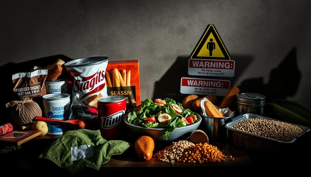 A cautionary still life depicting dietary dangers. In the foreground, an assortment of processed snacks, sugary drinks, and fast food items cast ominous shadows. In the middle ground, a healthy salad and whole grains are partially obscured by warning signs, cautioning against the pitfalls of an unbalanced diet. The background features a hazy, muted color palette, evoking a sense of unease and the potential consequences of poor dietary choices. Dramatic lighting casts long shadows, emphasizing the contrast between the unhealthy and healthy elements. The overall composition conveys the message of being mindful of dietary cautions for optimal health and wellbeing. A cautionary still life depicting dietary dangers. In the foreground, an assortment of processed snacks, sugary drinks, and fast food items cast ominous shadows. In the middle ground, a healthy salad and whole grains are partially obscured by warning signs, cautioning against the pitfalls of an unbalanced diet. The background features a hazy, muted color palette, evoking a sense of unease and the potential consequences of poor dietary choices. Dramatic lighting casts long shadows, emphasizing the contrast between the unhealthy and healthy elements. The overall composition conveys the message of being mindful of dietary cautions for optimal health and wellbeing.