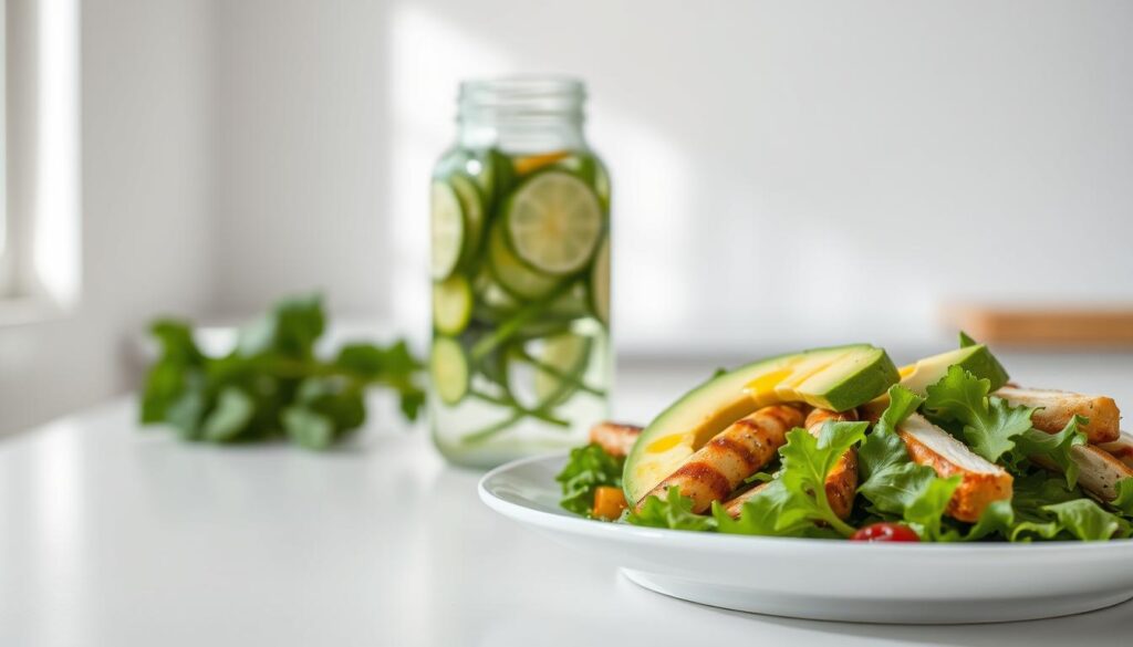 A clean, minimalist composition of a vibrant, fresh PCOS-friendly meal. In the foreground, a crisp white plate showcases a colorful salad of mixed greens, sliced avocado, grilled chicken, and a drizzle of olive oil dressing. In the middle ground, a glass jar of infused water with sliced lemon and cucumber adds a refreshing touch. The background features a simple, airy kitchen setting with natural light streaming in through a window, creating a calming, wellness-focused atmosphere. A clean, minimalist composition of a vibrant, fresh PCOS-friendly meal. In the foreground, a crisp white plate showcases a colorful salad of mixed greens, sliced avocado, grilled chicken, and a drizzle of olive oil dressing. In the middle ground, a glass jar of infused water with sliced lemon and cucumber adds a refreshing touch. The background features a simple, airy kitchen setting with natural light streaming in through a window, creating a calming, wellness-focused atmosphere.