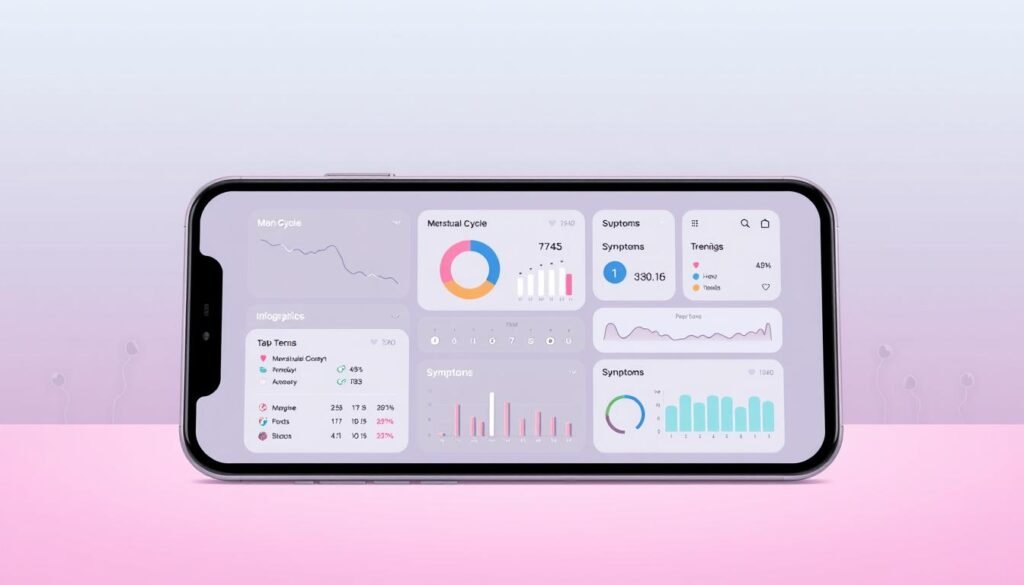 A clean, minimalist illustration depicting a digital dashboard displaying period tracking insights. The foreground features a sleek, modern smartphone screen showcasing various data visualizations - charts, graphs, and infographics that offer a clear, concise snapshot of an individual's menstrual cycle, flow, symptoms, and trends. The middle ground shows a subtle, stylized backdrop of soothing, pastel-colored geometric shapes and soft, ambient lighting, creating a calming, user-friendly atmosphere. The background maintains a sense of simplicity, with muted tones and a smooth, gradient-based environment that allows the primary interface elements to take center stage. The overall mood is informative, intuitive, and visually pleasing, reflecting the ideal user experience for a high-quality period tracking app.