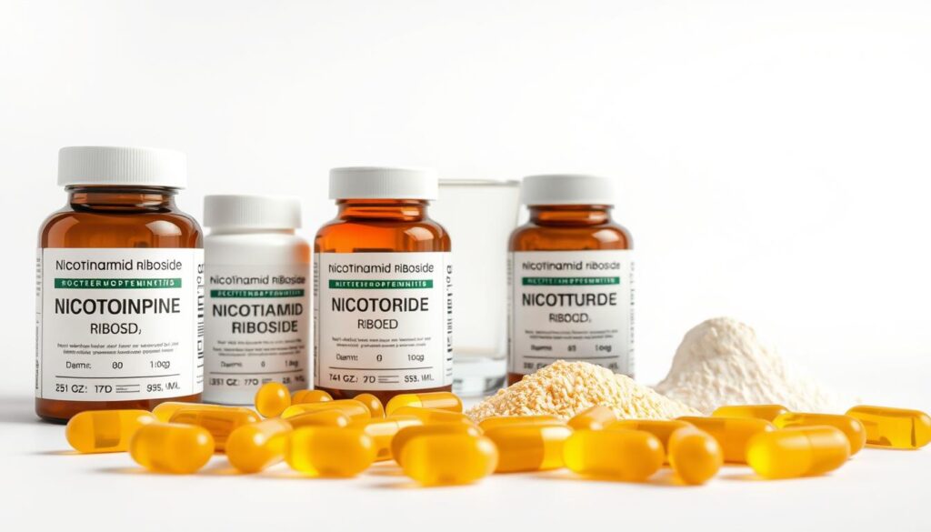 A clean, minimalist illustration of nicotinamide riboside dosing, shot with a crisp, high-resolution camera lens. In the foreground, a collection of neatly arranged nicotinamide riboside supplements in capsule and powder form, each labeled with their respective dosage amounts. In the middle ground, a glass of water or juice, hinting at the recommended method of administration. The background features a simple, white or light-colored backdrop, allowing the subject to be the focal point. The overall mood is one of clinical precision and scientific clarity, conveying the importance of proper dosing for this NAD+ precursor supplement. A clean, minimalist illustration of nicotinamide riboside dosing, shot with a crisp, high-resolution camera lens. In the foreground, a collection of neatly arranged nicotinamide riboside supplements in capsule and powder form, each labeled with their respective dosage amounts. In the middle ground, a glass of water or juice, hinting at the recommended method of administration. The background features a simple, white or light-colored backdrop, allowing the subject to be the focal point. The overall mood is one of clinical precision and scientific clarity, conveying the importance of proper dosing for this NAD+ precursor supplement.