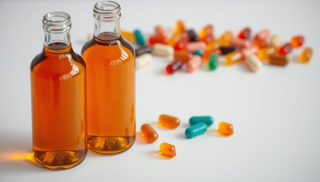 A clean, well-lit tabletop scene with an array of glass bottles and gummy supplements. In the foreground, two transparent glass bottles filled with amber-colored liquid stand prominently, reflecting the light. Behind them, an assortment of gummy vitamins in various shapes and colors are displayed neatly. The background is a soft, neutral backdrop that allows the subjects to take center stage. The lighting is natural and diffused, creating a warm, inviting atmosphere. The camera angle is slightly elevated, giving an overview of the composition. The image conveys a sense of comparison and contrast between the liquid and gummy forms of apple cider vinegar supplements.