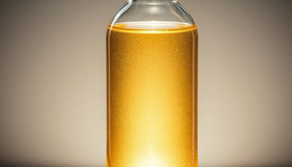 A clear, glass bottle filled with a transparent, viscous liquid that shimmers and reflects the light. The liquid has a slight golden hue, capturing the essence of pure, refined magnesium oil. The bottle is illuminated from the side, creating a soft, diffused glow that accentuates the purity and fluidity of the contents. The scene is captured in a soft, natural lighting, highlighting the product's natural, unprocessed qualities. The composition is centered, allowing the bottle to take up a significant portion of the frame, emphasizing the simplicity and focus on the core product. The background is blurred, keeping the attention on the mesmerizing magnesium oil and its captivating visual appeal. A clear, glass bottle filled with a transparent, viscous liquid that shimmers and reflects the light. The liquid has a slight golden hue, capturing the essence of pure, refined magnesium oil. The bottle is illuminated from the side, creating a soft, diffused glow that accentuates the purity and fluidity of the contents. The scene is captured in a soft, natural lighting, highlighting the product's natural, unprocessed qualities. The composition is centered, allowing the bottle to take up a significant portion of the frame, emphasizing the simplicity and focus on the core product. The background is blurred, keeping the attention on the mesmerizing magnesium oil and its captivating visual appeal.