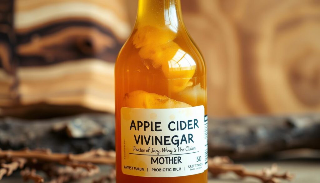 A clear glass bottle filled with amber-colored apple cider vinegar, the "mother" visible as a swirling, cloudy suspension. The bottle is set against a warm, earthy backdrop, with hints of rustic wood and natural textures. Soft, diffused lighting casts a gentle glow, emphasizing the organic, artisanal nature of the vinegar. The composition is balanced, with the bottle positioned prominently in the frame, allowing the viewer to appreciate the unique, fermented qualities of this probiotic-rich elixir. A clear glass bottle filled with amber-colored apple cider vinegar, the "mother" visible as a swirling, cloudy suspension. The bottle is set against a warm, earthy backdrop, with hints of rustic wood and natural textures. Soft, diffused lighting casts a gentle glow, emphasizing the organic, artisanal nature of the vinegar. The composition is balanced, with the bottle positioned prominently in the frame, allowing the viewer to appreciate the unique, fermented qualities of this probiotic-rich elixir.