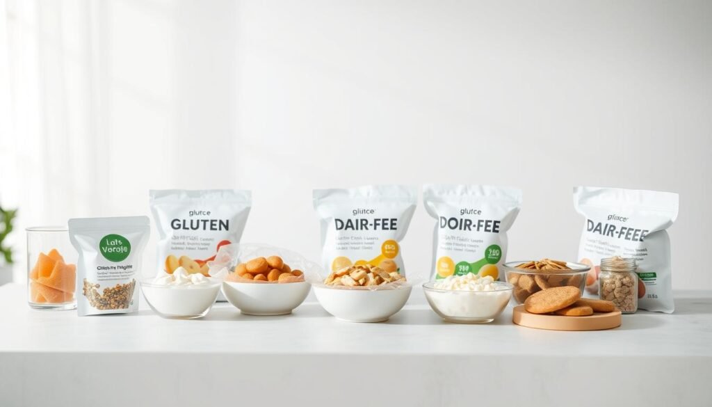A clinical trial setup with gluten-free and dairy-free food samples, centered on a neutral-colored table against a soft, blurred background. The samples are arranged in a visually appealing manner, showcasing the variety and diversity of options available. Soft, natural lighting illuminates the scene, creating a calm and inviting atmosphere. The image conveys a sense of scientific rigor and healthy living, without distracting elements or text overlays. A clinical trial setup with gluten-free and dairy-free food samples, centered on a neutral-colored table against a soft, blurred background. The samples are arranged in a visually appealing manner, showcasing the variety and diversity of options available. Soft, natural lighting illuminates the scene, creating a calm and inviting atmosphere. The image conveys a sense of scientific rigor and healthy living, without distracting elements or text overlays.