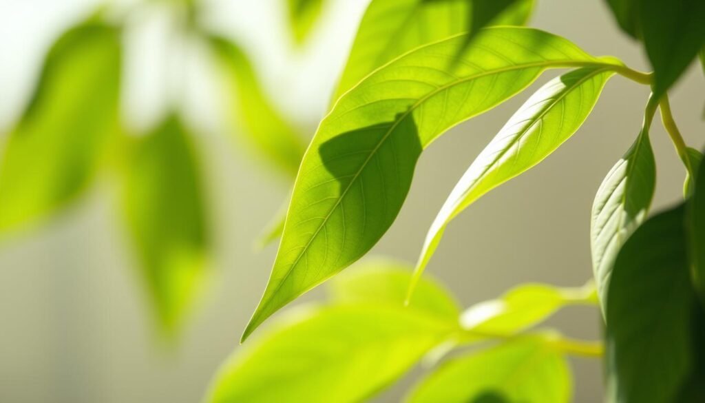 A close-up, high-resolution photograph of lush, vibrant green moringa leaves gently swaying in soft, diffused natural lighting. The leaves are crisp and detailed, showcasing their intricate veining and delicate texture. The focus is sharp, drawing the viewer's attention to the nutritional richness and visual appeal of this remarkable superfood. The background is blurred, creating a serene, minimalist setting that allows the moringa leaves to be the central focus. The overall mood is one of tranquility, highlighting the natural beauty and health benefits of this remarkable plant.