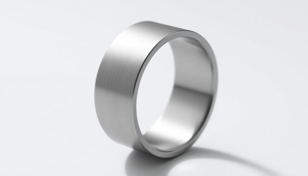 A close-up, high-resolution render of the Oura Ring 4, showcasing its sleek, minimalist design. The ring is captured from a slightly angled perspective, highlighting its smooth, brushed metal surface and the subtle contours that distinguish it from its predecessor. The lighting is soft and diffused, creating a sense of depth and emphasizing the ring's refined aesthetic. The background is clean and uncluttered, allowing the product to be the sole focus of attention, reflecting its status as a premium, high-tech wearable device.