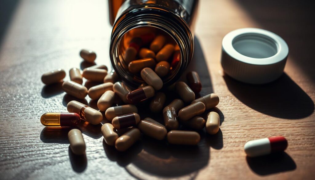 A close-up image of various herbal supplements and pills spilling out of an open medicine bottle, casting shadows on a wooden surface. The scene is lit from the side, creating dramatic chiaroscuro lighting that highlights the textural details of the pills and capsules. The overall mood is one of caution and potential side effects, with a sense of unease and uncertainty surrounding the misuse or overuse of these natural remedies.