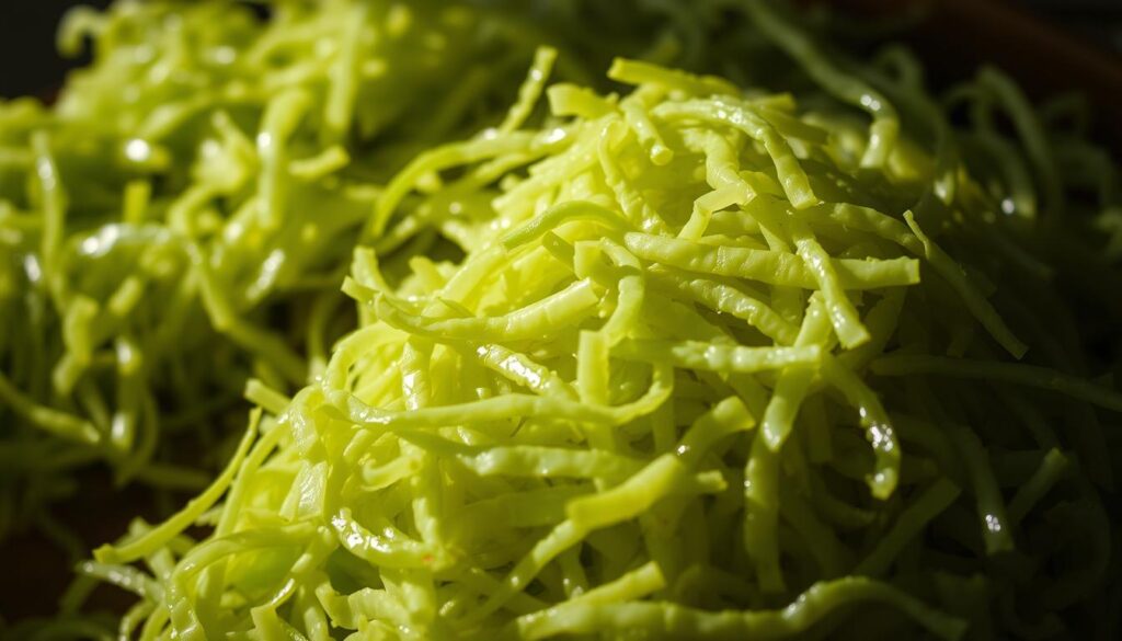 A close-up, macro shot of freshly shredded green cabbage, densely packed and glistening with a layer of brine. The cabbage has a vibrant, verdant hue and a slightly crinkled texture, conveying its freshness. The image is lit from the side, creating dramatic shadows and highlights that accentuate the cabbage's intricate details. The background is slightly blurred, placing the emphasis on the foreground sauerkraut. An overall earthy, natural atmosphere evokes the homemade, probiotic-rich nature of this simple, fermented food. A close-up, macro shot of freshly shredded green cabbage, densely packed and glistening with a layer of brine. The cabbage has a vibrant, verdant hue and a slightly crinkled texture, conveying its freshness. The image is lit from the side, creating dramatic shadows and highlights that accentuate the cabbage's intricate details. The background is slightly blurred, placing the emphasis on the foreground sauerkraut. An overall earthy, natural atmosphere evokes the homemade, probiotic-rich nature of this simple, fermented food.