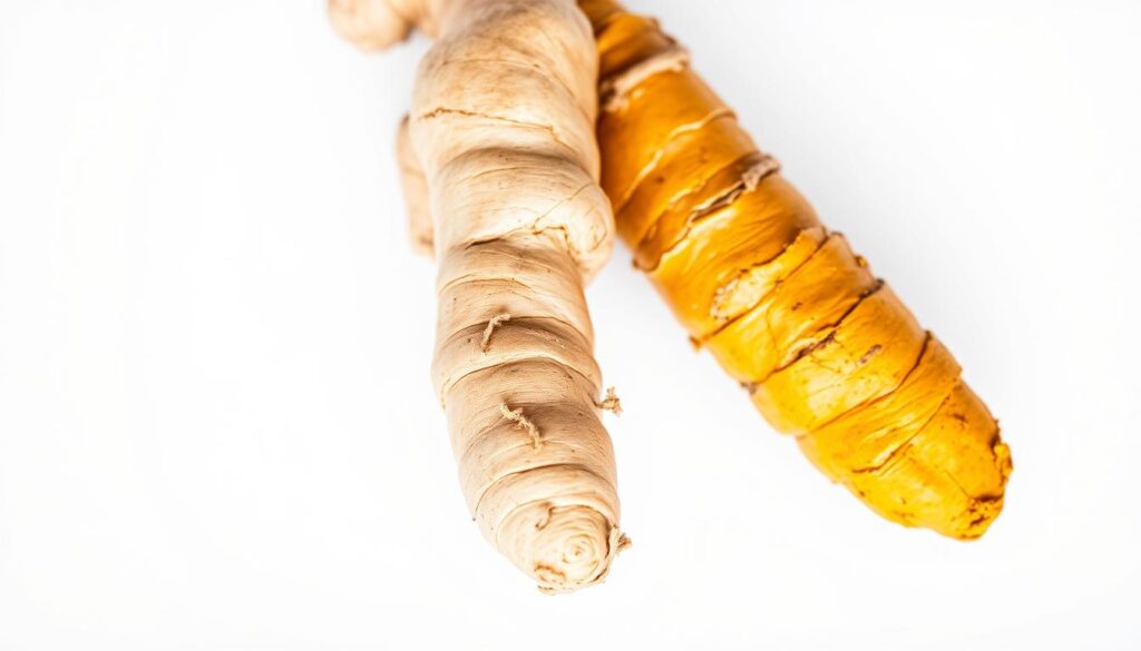 A close-up macro shot of two vibrant, freshly harvested ginger and turmeric roots, their rhizomes intertwined. The roots are displayed against a stark, minimalist white background, allowing their vivid colors and intricate textures to take center stage. The lighting is soft and diffused, accentuating the roots' earthy tones and natural patterns. The camera angle is slightly angled to provide depth and perspective, drawing the viewer's eye to the center of the frame where the two roots meet, symbolizing their synergistic relationship. The overall mood is one of natural simplicity and scientific curiosity, inviting the viewer to explore the unique properties and potential of these powerful plant-based ingredients. A close-up macro shot of two vibrant, freshly harvested ginger and turmeric roots, their rhizomes intertwined. The roots are displayed against a stark, minimalist white background, allowing their vivid colors and intricate textures to take center stage. The lighting is soft and diffused, accentuating the roots' earthy tones and natural patterns. The camera angle is slightly angled to provide depth and perspective, drawing the viewer's eye to the center of the frame where the two roots meet, symbolizing their synergistic relationship. The overall mood is one of natural simplicity and scientific curiosity, inviting the viewer to explore the unique properties and potential of these powerful plant-based ingredients.