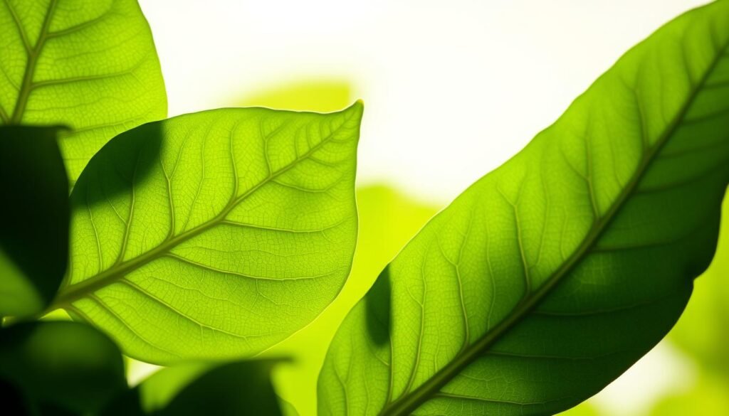 A close-up photo of fresh, vibrant Moringa oleifera leaves against a soft, out-of-focus background. The leaves are lush green with a glossy, textured appearance, conveying a sense of natural health and vitality. The image is lit from the side, creating dramatic shadows and highlights that accentuate the leaves' intricate veining and delicate structure. The composition places the leaves prominently in the foreground, with a gentle, airy atmosphere that suggests lightness and energy. The depth of field is shallow, allowing the viewer to focus on the leaves' weight, density, and nutritional potency.