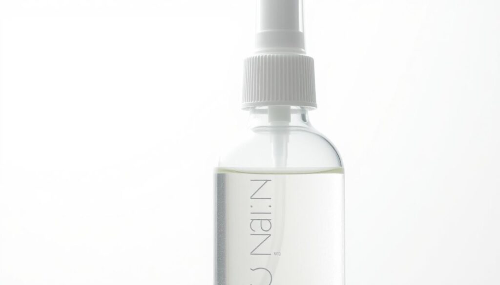 A close-up photograph of a glass spray bottle filled with a clear, viscous liquid against a bright, softly lit background. The bottle has a simple, minimalist design with a fine mist spray head. The liquid within the bottle appears to have a slight shimmer, suggesting the presence of dissolved magnesium. The lighting is soft and diffused, creating a clean, clinical atmosphere that emphasizes the purity and efficacy of the transdermal magnesium solution. The composition places the bottle in the foreground, with a slightly blurred, out-of-focus background that allows the product to be the primary focus of the image. A close-up photograph of a glass spray bottle filled with a clear, viscous liquid against a bright, softly lit background. The bottle has a simple, minimalist design with a fine mist spray head. The liquid within the bottle appears to have a slight shimmer, suggesting the presence of dissolved magnesium. The lighting is soft and diffused, creating a clean, clinical atmosphere that emphasizes the purity and efficacy of the transdermal magnesium solution. The composition places the bottle in the foreground, with a slightly blurred, out-of-focus background that allows the product to be the primary focus of the image.