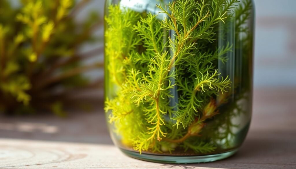 A close-up photograph of fresh, vibrant sea moss in a glass jar, captured under soft, natural lighting. The sea moss should appear lush and verdant, with delicate, intricate fronds gently swaying in the water. The jar should be positioned on a wooden surface, with a neutral background that allows the sea moss to be the focal point. Aim for a crisp, high-resolution image that showcases the unique textures and colors of this nutrient-rich marine plant, creating a visually appealing and informative illustration for the article's "Smart Shopping in the U.S." section. A close-up photograph of fresh, vibrant sea moss in a glass jar, captured under soft, natural lighting. The sea moss should appear lush and verdant, with delicate, intricate fronds gently swaying in the water. The jar should be positioned on a wooden surface, with a neutral background that allows the sea moss to be the focal point. Aim for a crisp, high-resolution image that showcases the unique textures and colors of this nutrient-rich marine plant, creating a visually appealing and informative illustration for the article's "Smart Shopping in the U.S." section.