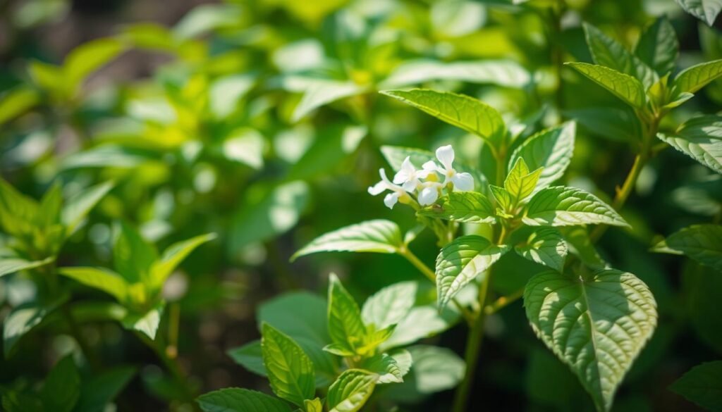 A close-up photograph of lush, verdant tulsi (Ocimum sanctum) leaves gently swaying in soft natural light. The leaves are vibrant green with a delicate, intricate texture, capturing the plant's medicinal and adaptogenic properties. In the middle ground, a few white tulsi flowers peek out, their petals delicate and pristine. The background is blurred, hinting at a serene, natural setting - perhaps a garden or forest floor. The overall mood is one of tranquility, balance, and the restorative power of this ancient Ayurvedic herb. A close-up photograph of lush, verdant tulsi (Ocimum sanctum) leaves gently swaying in soft natural light. The leaves are vibrant green with a delicate, intricate texture, capturing the plant's medicinal and adaptogenic properties. In the middle ground, a few white tulsi flowers peek out, their petals delicate and pristine. The background is blurred, hinting at a serene, natural setting - perhaps a garden or forest floor. The overall mood is one of tranquility, balance, and the restorative power of this ancient Ayurvedic herb.