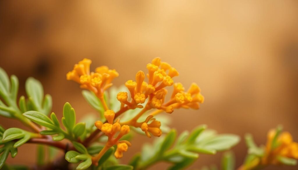 A close-up photograph of the rhodiola rosea plant, also known as the "golden root" or "arctic root". The plant has thick, fleshy, green leaves and clusters of small, yellow-orange flowers. The lighting is soft and natural, highlighting the delicate details of the plant's structure. The background is blurred, with a warm, earthy tone that complements the plant's vibrant colors. The image has a sense of calmness and balance, conveying the plant's adaptogenic properties and its potential to alleviate mental fatigue and burnout. A close-up photograph of the rhodiola rosea plant, also known as the "golden root" or "arctic root". The plant has thick, fleshy, green leaves and clusters of small, yellow-orange flowers. The lighting is soft and natural, highlighting the delicate details of the plant's structure. The background is blurred, with a warm, earthy tone that complements the plant's vibrant colors. The image has a sense of calmness and balance, conveying the plant's adaptogenic properties and its potential to alleviate mental fatigue and burnout.