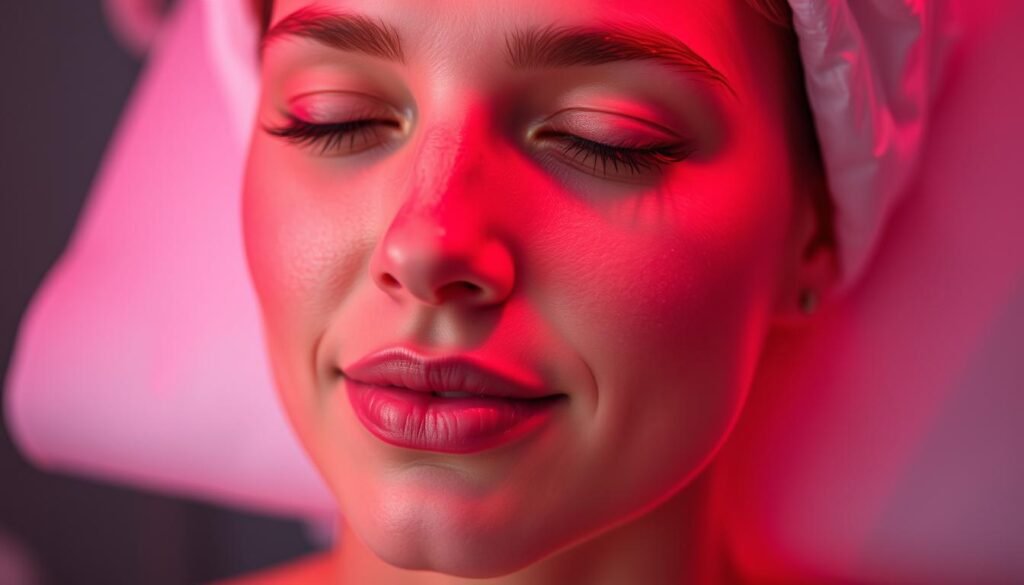 A close-up portrait of a person's face, bathed in a warm, gentle glow of red light. The skin appears healthy, glowing, and vibrant, with a soft, luminous quality. The face is serene and relaxed, conveying a sense of well-being and safety. The lighting is carefully angled to highlight the contours of the face, creating depth and dimension. The background is subtly blurred, placing the focus solely on the skin and its response to the red light therapy. The overall mood is one of tranquility, self-care, and the positive effects of this specific therapeutic treatment.