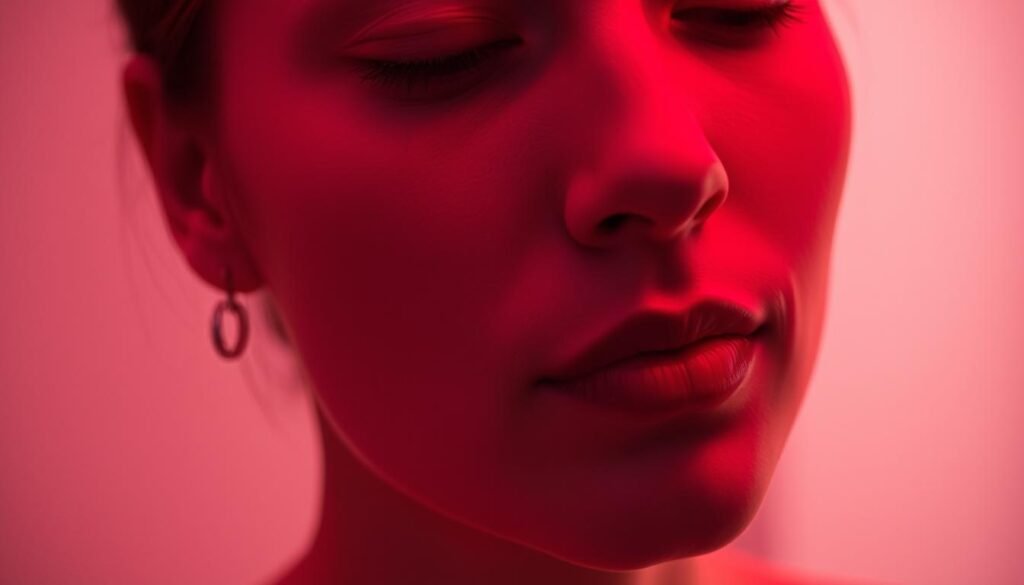 A close-up portrait of a person's face, with their skin illuminated by a warm, reddish glow. The lighting is soft and diffuse, creating a flattering, ethereal effect. The subject's skin appears radiant and healthy, with a subtle, natural-looking glow. The background is blurred and out of focus, placing the emphasis on the subject's face and skin. The overall mood is calm, serene, and introspective, reflecting the personal nature of the "at-home red light therapy" experience.