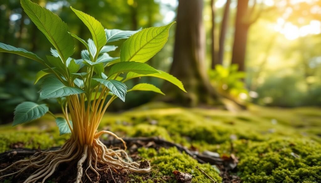 A close-up shot of a ginseng plant in a lush, verdant forest setting. The foreground features the ginseng root, with its distinctive thin, gnarled fingers emerging from the soil. The midground showcases the plant's vibrant green leaves, their serrated edges catching the soft, diffused light filtering through the canopy above. In the background, a mossy, dappled forest floor sets the scene, conveying a sense of tranquility and natural harmony. The lighting is natural and warm, creating a serene, earthy atmosphere that highlights the medicinal properties and adaptogenic qualities of this ancient, revered plant. A close-up shot of a ginseng plant in a lush, verdant forest setting. The foreground features the ginseng root, with its distinctive thin, gnarled fingers emerging from the soil. The midground showcases the plant's vibrant green leaves, their serrated edges catching the soft, diffused light filtering through the canopy above. In the background, a mossy, dappled forest floor sets the scene, conveying a sense of tranquility and natural harmony. The lighting is natural and warm, creating a serene, earthy atmosphere that highlights the medicinal properties and adaptogenic qualities of this ancient, revered plant.
