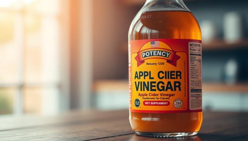 A close-up shot of a glass bottle filled with amber-colored apple cider vinegar, standing on a wooden table against a blurred background. The bottle's label prominently displays the word "Potency" in bold lettering, highlighting the product's strength and concentration. Soft, warm lighting casts a gentle glow on the liquid, emphasizing its rich, natural hue. The image conveys a sense of purity, authenticity, and the potential health benefits associated with a high-quality apple cider vinegar supplement.