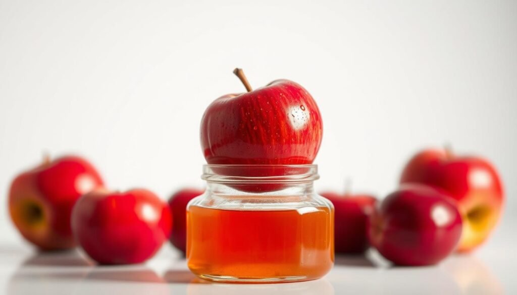 A close-up shot of a glass bottle filled with rich, amber-colored apple cider vinegar, its surface reflecting a bright, natural light. Atop the bottle, a single, luscious red apple rests, its skin glistening with dewdrops. The bottle is set against a clean, white background, allowing the vibrant colors and textures of the vinegar and apple to take center stage. The lighting is soft and diffused, creating a warm, inviting atmosphere that emphasizes the healthful, restorative properties of the ingredients. The composition is balanced and visually striking, capturing the essence of the blood sugar-regulating benefits of apple cider vinegar in a visually compelling manner.