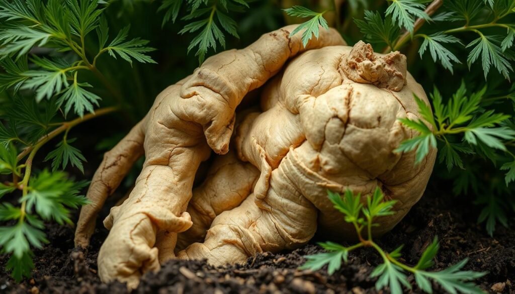A close-up shot of a large, fleshy shatavari root emerging from the soil. The root has a distinct gnarled and wrinkled texture, with a light brown to beige color. The root is surrounded by lush, green foliage with delicate, feathery leaves, creating a sense of lush, verdant growth. The lighting is soft and diffused, casting gentle shadows that accentuate the root's natural form. The composition is balanced, with the shatavari root taking center stage, showcasing its medicinal and therapeutic properties. The overall mood is one of natural harmony and the nourishing power of this ancient Ayurvedic herb. A close-up shot of a large, fleshy shatavari root emerging from the soil. The root has a distinct gnarled and wrinkled texture, with a light brown to beige color. The root is surrounded by lush, green foliage with delicate, feathery leaves, creating a sense of lush, verdant growth. The lighting is soft and diffused, casting gentle shadows that accentuate the root's natural form. The composition is balanced, with the shatavari root taking center stage, showcasing its medicinal and therapeutic properties. The overall mood is one of natural harmony and the nourishing power of this ancient Ayurvedic herb.