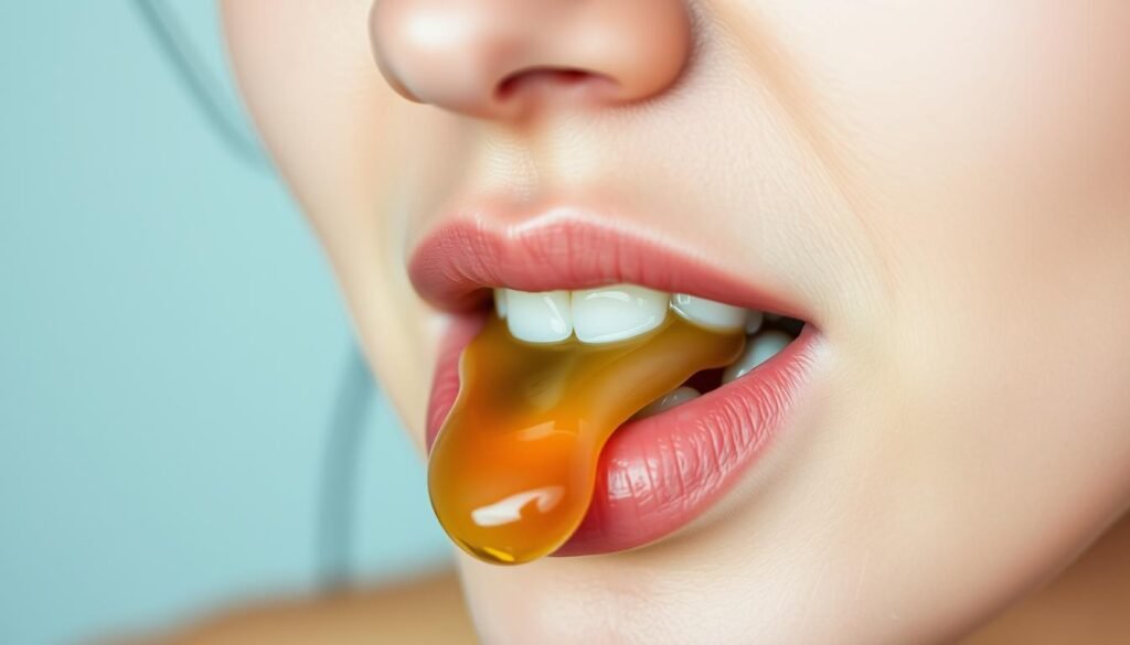 A close-up shot of a person's mouth, gently swishing a small amount of natural oil around their teeth and gums. The oil is slightly opaque, with a creamy, pale yellow hue. The person's lips are parted slightly, and their expression is one of focused concentration. The lighting is soft and diffused, creating a serene, almost meditative atmosphere. The background is blurred, placing the emphasis solely on the act of oil pulling. The image conveys the sense of an ancient, holistic oral hygiene practice being performed with care and intention.