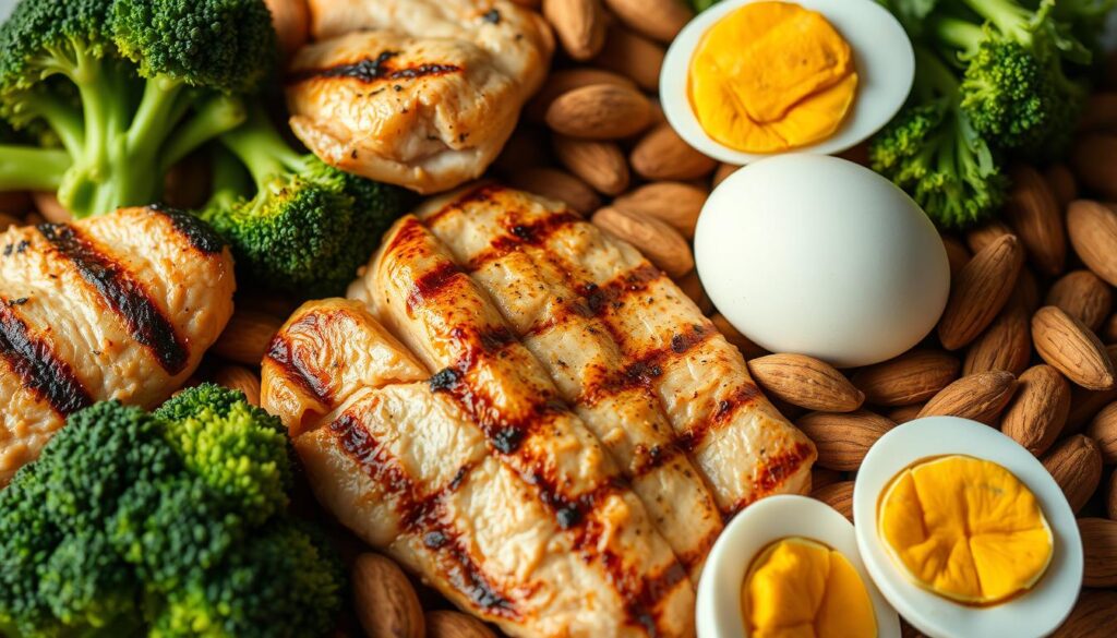A close-up shot of a pile of various protein-rich foods, including grilled chicken breast, steamed broccoli, boiled eggs, and roasted almonds, all illuminated by warm, natural lighting. The arrangement should be visually appealing, with the ingredients neatly organized and complementing each other in color and texture. The overall composition should convey a sense of wholesome, nutritious, and satisfying sustenance, suitable for inclusion in an article on energizing smoothie recipes.