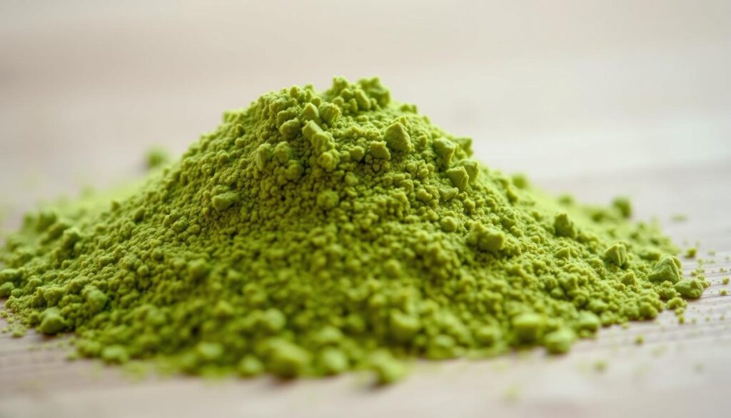 A close-up shot of a pile of vibrant green matcha powder, its fine granules shimmering under the soft, indirect lighting. The powdery texture is accentuated, revealing the delicate, almost velvety surface. The background is blurred, keeping the focus solely on the matcha, which appears to be resting on a neutral-toned surface, perhaps a wooden table or a clean, minimalist backdrop. The overall mood is one of serenity and purity, reflecting the natural, calming essence of this unique Japanese tea powder.