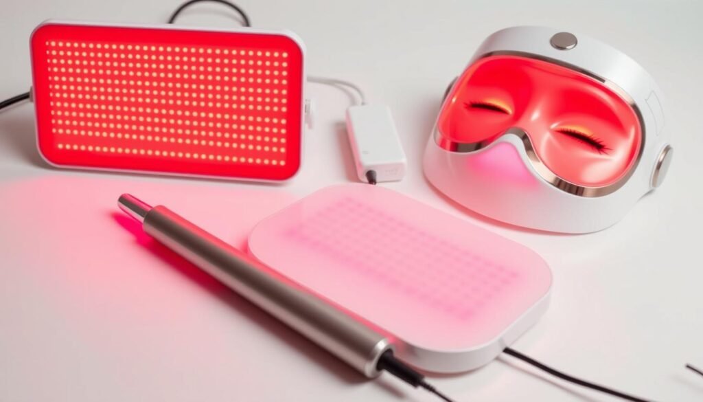 A close-up shot of a variety of red light therapy devices, including a handheld wand, a panel, and a facial mask. The devices are arranged on a clean, minimalist surface, with a soft, diffused lighting highlighting their sleek, modern designs. The red lights are illuminated, casting a warm, soothing glow across the scene. The overall composition emphasizes the technical details and versatility of the devices, showcasing their potential for various at-home and clinical applications, from facial rejuvenation to scalp treatment. The image conveys a sense of professionalism, functionality, and the therapeutic benefits of red light therapy.