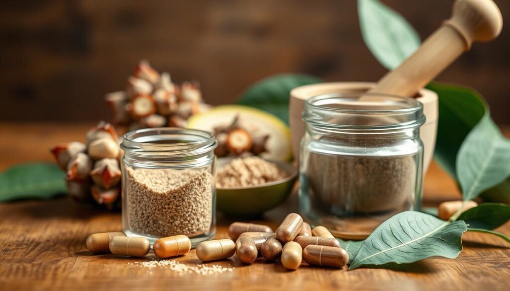 A close-up shot of a wooden table with various triphala products arranged neatly. In the foreground, a glass jar filled with triphala powder rests alongside a few triphala capsules. In the middle ground, a mortar and pestle with a small amount of triphala powder. In the background, a few fresh triphala fruits and leaves provide context. The lighting is soft and natural, emanating a warm, earthy tone. The composition is balanced and the focus is sharp, emphasizing the textural details of the triphala ingredients. The overall mood is one of careful consideration and attention to quality.