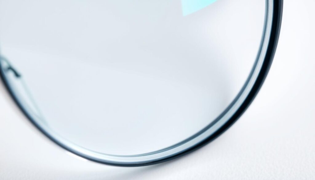 A close-up shot of an eyeglass lens with a shimmering anti-glare coating. The lens surface reflects a soft, diffused light, creating a subtle prismatic effect. The coating appears almost liquid-like, smoothly blending into the edges of the lens. The background is a clean, minimalist white, allowing the lens to be the focal point. Subtle highlights and shadows accentuate the lens' curvature, giving it a high-quality, premium appearance. The overall mood is one of clarity, refinement, and advanced lens technology. A close-up shot of an eyeglass lens with a shimmering anti-glare coating. The lens surface reflects a soft, diffused light, creating a subtle prismatic effect. The coating appears almost liquid-like, smoothly blending into the edges of the lens. The background is a clean, minimalist white, allowing the lens to be the focal point. Subtle highlights and shadows accentuate the lens' curvature, giving it a high-quality, premium appearance. The overall mood is one of clarity, refinement, and advanced lens technology.
