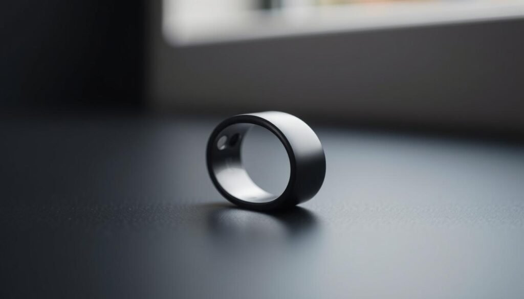 A close-up shot of the Oura Ring, a sleek and modern biometric wearable device, resting on a minimalist, matte black surface. The ring's polished titanium or black matte finish gleams under soft, directional lighting that casts gentle shadows, highlighting its elegant, low-profile design. The foreground is in sharp focus, drawing the viewer's attention to the intricate details of the ring, such as its sensors and discreet indicators. The background is blurred, creating a sense of depth and emphasizing the ring as the central subject. The overall mood is one of understated sophistication, appealing to health-conscious individuals who appreciate the intersection of technology and wellness.