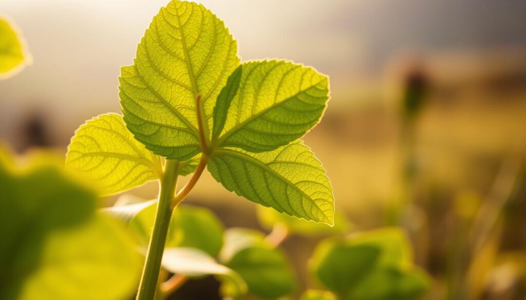 A close-up shot of the vibrant green leaves of the gotu kola plant, with a soft focus on the intricate patterns and veins. The leaves appear to be gently backlit, creating a warm, ethereal glow that highlights their delicate texture. The background is a soft, blurred landscape, suggesting a serene, natural setting. The overall composition conveys a sense of attentiveness and focus, reflecting the plant's cognitive benefits.