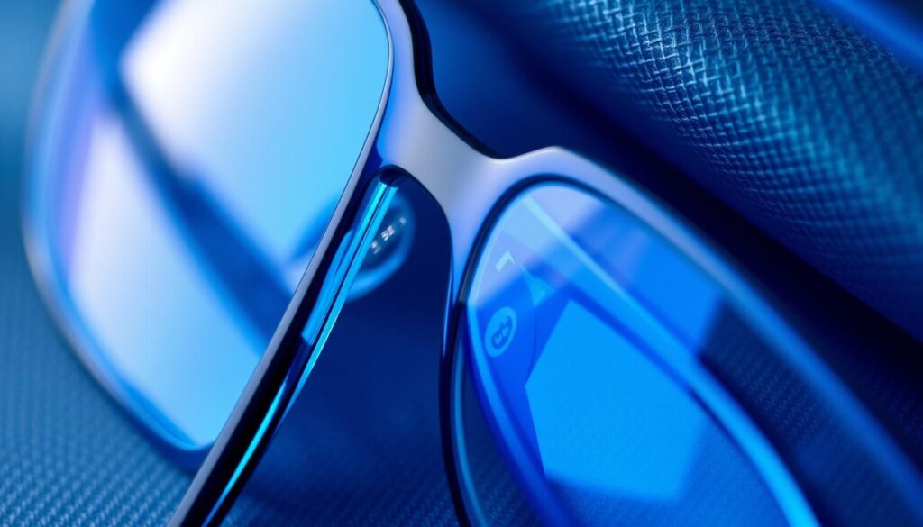 A close-up shot of various blue light blocking frame materials, including acetate, TR-90, and titanium, arranged in a visually compelling composition. The materials are depicted with detailed textures, intricate patterns, and a vibrant, yet soothing blue hue that seamlessly blends together. The lighting is soft and diffused, creating a sense of depth and highlighting the unique properties of each frame material. The overall mood is one of sophistication, innovation, and a subtle technological edge, reflecting the cutting-edge advancements in eyewear design for the modern digital age. A close-up shot of various blue light blocking frame materials, including acetate, TR-90, and titanium, arranged in a visually compelling composition. The materials are depicted with detailed textures, intricate patterns, and a vibrant, yet soothing blue hue that seamlessly blends together. The lighting is soft and diffused, creating a sense of depth and highlighting the unique properties of each frame material. The overall mood is one of sophistication, innovation, and a subtle technological edge, reflecting the cutting-edge advancements in eyewear design for the modern digital age.