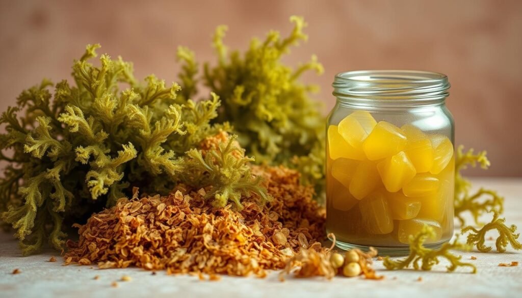 A close-up shot of various forms of sea moss, including fresh fronds, dried flakes, and a glass jar filled with a gelatinous sea moss supplement. The image is set against a soft, natural background with muted earthy tones, creating a serene and informative atmosphere. The lighting is warm and diffused, highlighting the textures and colors of the sea moss. The arrangement and composition guide the viewer's eye to the different dosage forms, conveying a sense of balance and accessibility. The overall mood is one of simplicity, wellness, and the bounty of the sea. A close-up shot of various forms of sea moss, including fresh fronds, dried flakes, and a glass jar filled with a gelatinous sea moss supplement. The image is set against a soft, natural background with muted earthy tones, creating a serene and informative atmosphere. The lighting is warm and diffused, highlighting the textures and colors of the sea moss. The arrangement and composition guide the viewer's eye to the different dosage forms, conveying a sense of balance and accessibility. The overall mood is one of simplicity, wellness, and the bounty of the sea.